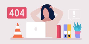 Web sitesi 404 hata kavramı. Bilgisayarlı genç bir kadın. Renkli düz vektör illüstrasyonu