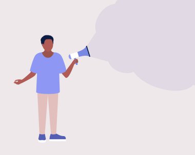 Genç adam bir megafona konuşur. İfade, konuşma, haber konsepti. Renkli düz vektör illüstrasyonu