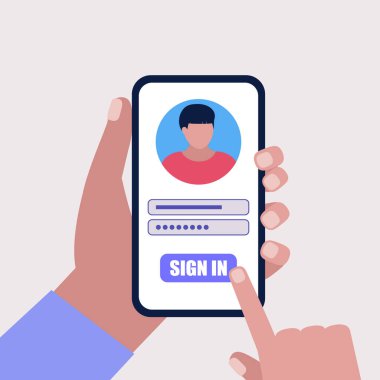 Çevrimiçi kayıt ya da şarkı konsepti. Siteye giriş yapan akıllı telefondan el ele tutuşun. Renkli düz vektör illüstrasyonu