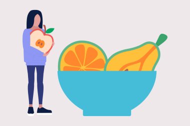 Vejetaryen konsepti. Kalori kontrolü. Sağlıklı yemek. Renkli düz vektör illüstrasyonu