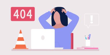 Web sitesi 404 hata kavramı. Bilgisayarlı genç bir kadın. Renkli düz vektör illüstrasyonu