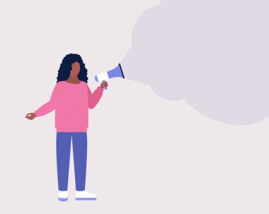 Genç bir kadın megafona konuşur. İfade, konuşma, haber konsepti. Renkli düz vektör illüstrasyonu