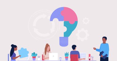 İnsanlar yeni fikirlerle tartışır, önerir, icat eder. Beyin fırtınası konsepti. Problem çözme konsepti. Bulmaca çözeltisi. Düz bir şekilde vektör illüstrasyonu.