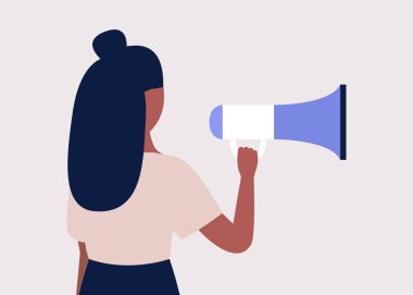 Genç bir kadın megafona konuşur. İfade, konuşma, haber konsepti. Düz çizgi film tarzında renkli vektör illüstrasyonu