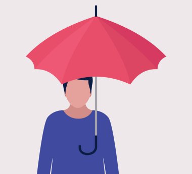 Risk yönetimi konsepti. Şemsiye altındaki genç adam. Düz bir şekilde vektör illüstrasyonu