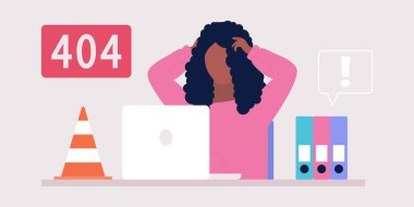 Web sitesi 404 hata kavramı. Bilgisayarlı genç bir kadın. Renkli düz vektör illüstrasyonu