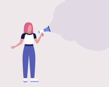 Genç bir kadın megafona konuşur. İfade, konuşma, haber konsepti. Renkli düz vektör illüstrasyonu