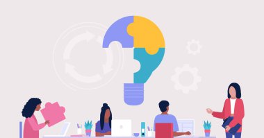 İnsanlar yeni fikirlerle tartışır, önerir, icat eder. Beyin fırtınası konsepti. Problem çözme konsepti. Bulmaca çözeltisi. Düz bir şekilde vektör illüstrasyonu.