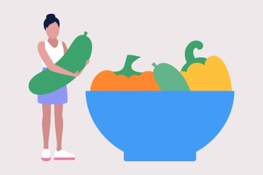 Vejetaryen konsepti. Kalori kontrolü. Sağlıklı yemek. Renkli düz vektör illüstrasyonu