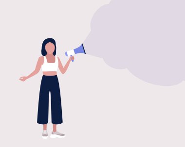 Genç bir kadın megafona konuşur. İfade, konuşma, haber konsepti. Renkli düz vektör illüstrasyonu