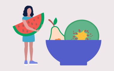 Vejetaryen konsepti. Kalori kontrolü. Sağlıklı yemek. Renkli düz vektör illüstrasyonu