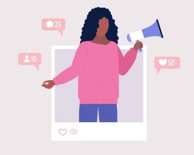 Etkileyici, SMM, iş stratejisi konsepti. Genç adam megafonla konuşur. Renkli düz vektör illüstrasyonu.