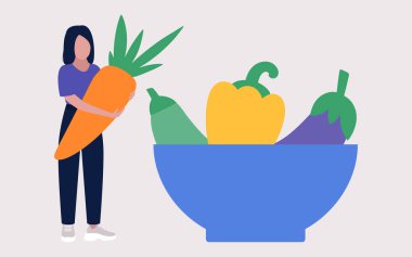 Vejetaryen konsepti. Kalori kontrolü. Sağlıklı yemek. Renkli düz vektör illüstrasyonu