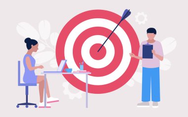 Hedef belirleme konsepti. Büyük hedefleri olan insanlar. Renkli düz vektör illüstrasyonu.