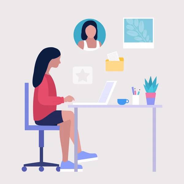 Εικονογράφηση Ροής Εργασίας Νεαρή Γυναίκα Εργάζεται Στο Σπίτι Γραφείο Ένα — Διανυσματικό Αρχείο