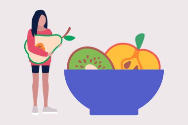 Vejetaryen konsepti. Kalori kontrolü. Sağlıklı yemek. Renkli düz vektör illüstrasyonu