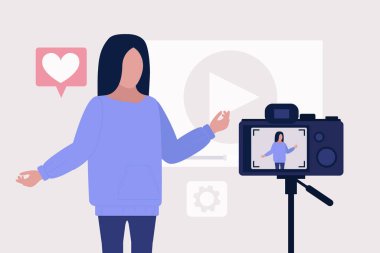 Blog konsepti. Genç bir kadın blogu için video hazırlıyor. Düz bir biçimle vektör ayarlandı