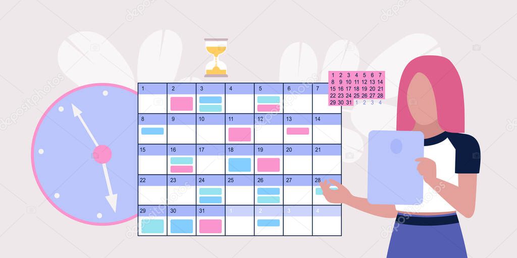 Young woman with tablet near the online calendar. Time management concept. Vector illustration in a flat style