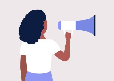 Genç bir kadın megafona konuşur. İfade, konuşma, haber konsepti. Düz çizgi film tarzında renkli vektör illüstrasyonu