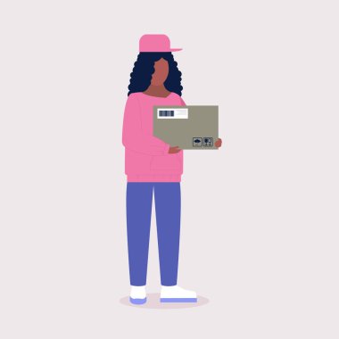 Paketi kurye teslim edecek. Düz bir şekilde vektör illüstrasyonu