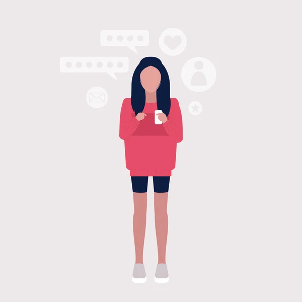 Mujer Con Smartphone Blogging Videollamada Amigo Estudio Línea Reunión Negocios — Vector de stock