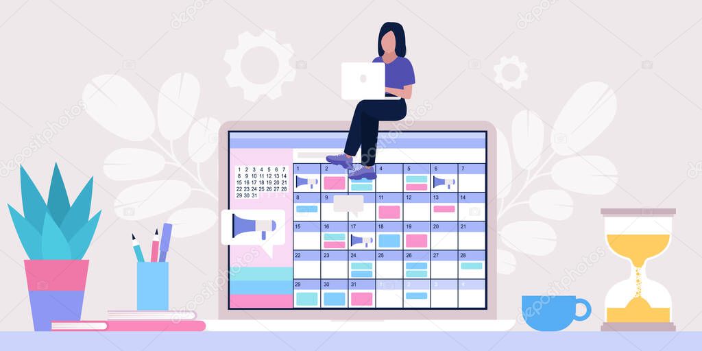 Young woman with laptop sitting at the computer. Online calendar on computer. Time management concept. Vector illustration in a flat style