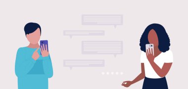 İnsanlar akıllı telefonlarla iletişim kurar. Düz çizgi film tarzında renkli vektör illüstrasyonu