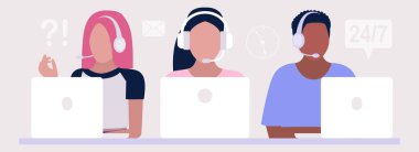 Destek konsepti. Dizüstü bilgisayarlı yöneticileri ara. Web sitesi bilgisi için vektör simgesi. Renkli düz resimleme