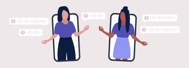 İnsanlar sesli mesajlarla iletişim kuruyor. Düz çizgi film tarzında renkli vektör illüstrasyonu