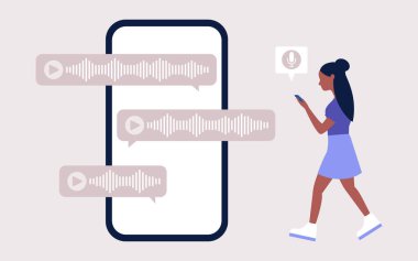 Akıllı telefonu olan bir kadın sesli mesajlar kullanarak iletişim kurar. Düz çizgi film tarzında renkli vektör illüstrasyonu