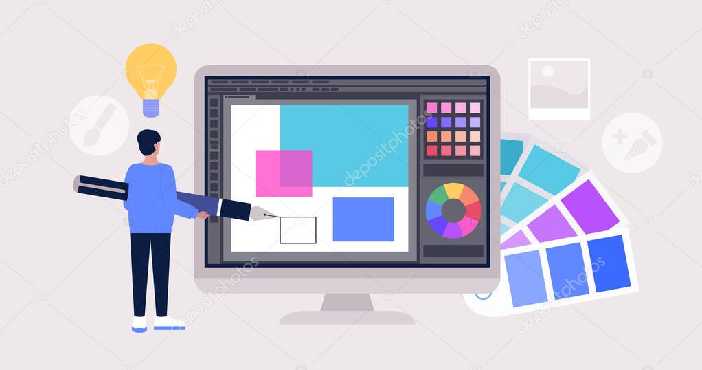 Graphic design concept. Character with a big pen and graphic editor. Colorful flat vector drawing.