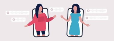 İnsanlar sesli mesajlarla iletişim kuruyor. Düz çizgi film tarzında renkli vektör illüstrasyonu