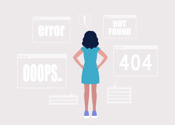 Sito Web 404 Concetto Errore Donna Con Pagine Web Con — Vettoriale Stock