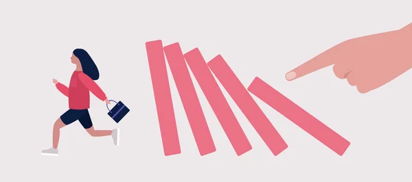 Risico Crisisconcept Jonge Vrouw Vlucht Voor Het Domino Effect Vector — Stockvector