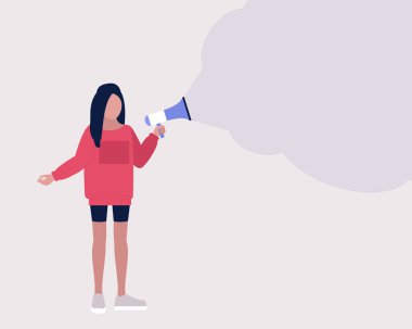 Genç bir kadın megafona konuşur. İfade, konuşma, haber konsepti. Renkli düz vektör illüstrasyonu