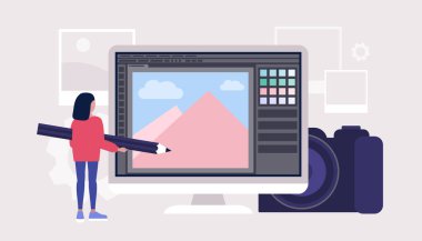 Kalem ve fotoğraf düzenleme bilgisayar programı karakteri. Fotoğrafçı için dijital çizim programı. Renkli düz vektör çizimi.