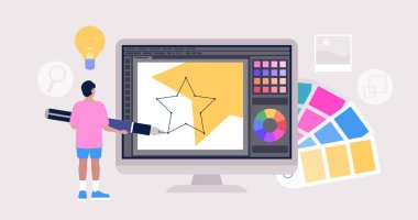 Grafik tasarım konsepti. Büyük bir kalem ve grafik editörü olan karakter. Renkli düz vektör çizimi.