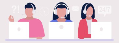 Destek konsepti. Dizüstü bilgisayarlı yöneticileri ara. Web sitesi bilgisi için vektör simgesi. Renkli düz resimleme