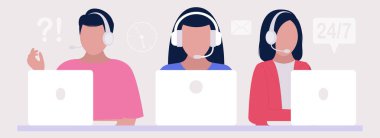 Destek konsepti. Dizüstü bilgisayarlı yöneticileri ara. Web sitesi bilgisi için vektör simgesi. Renkli düz resimleme