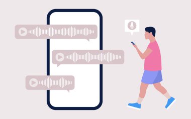 Akıllı telefonu olan bir adam sesli mesajlar kullanarak iletişim kuruyor. Düz çizgi film tarzında renkli vektör illüstrasyonu