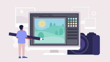 Kalem ve fotoğraf düzenleme bilgisayar programı karakteri. Fotoğrafçı için dijital çizim programı. Renkli düz vektör çizimi.