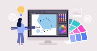 Grafik tasarım konsepti. Büyük bir kalem ve grafik editörü olan karakter. Renkli düz vektör çizimi.