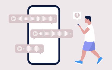 Akıllı telefonu olan bir adam sesli mesajlar kullanarak iletişim kuruyor. Düz çizgi film tarzında renkli vektör illüstrasyonu