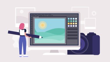 Kalem ve fotoğraf düzenleme bilgisayar programı karakteri. Fotoğrafçı için dijital çizim programı. Renkli düz vektör çizimi.