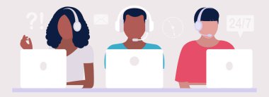 Destek konsepti. Dizüstü bilgisayarlı yöneticileri ara. Web sitesi bilgisi için vektör simgesi. Renkli düz resimleme