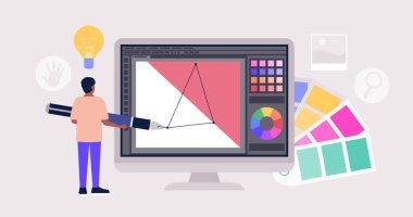 Grafik tasarım konsepti. Büyük bir kalem ve grafik editörü olan karakter. Renkli düz vektör çizimi.