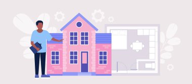 Mimar çizim ve inşaatın yanında duruyor. Renkli düz vektör illüstrasyonu