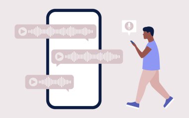 Akıllı telefonu olan bir adam sesli mesajlar kullanarak iletişim kuruyor. Düz çizgi film tarzında renkli vektör illüstrasyonu
