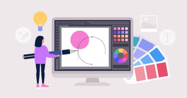 Grafik tasarım konsepti. Büyük bir kalem ve grafik editörü olan karakter. Renkli düz vektör çizimi