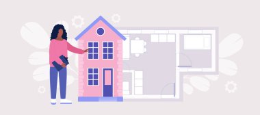 Mimar çizim ve inşaatın yanında duruyor. Renkli düz vektör illüstrasyonu